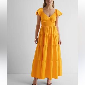 EXPRESS V-Neck Flutter Sleeve Tiered Poplin Maxi Dress Women’s size Orange Small
